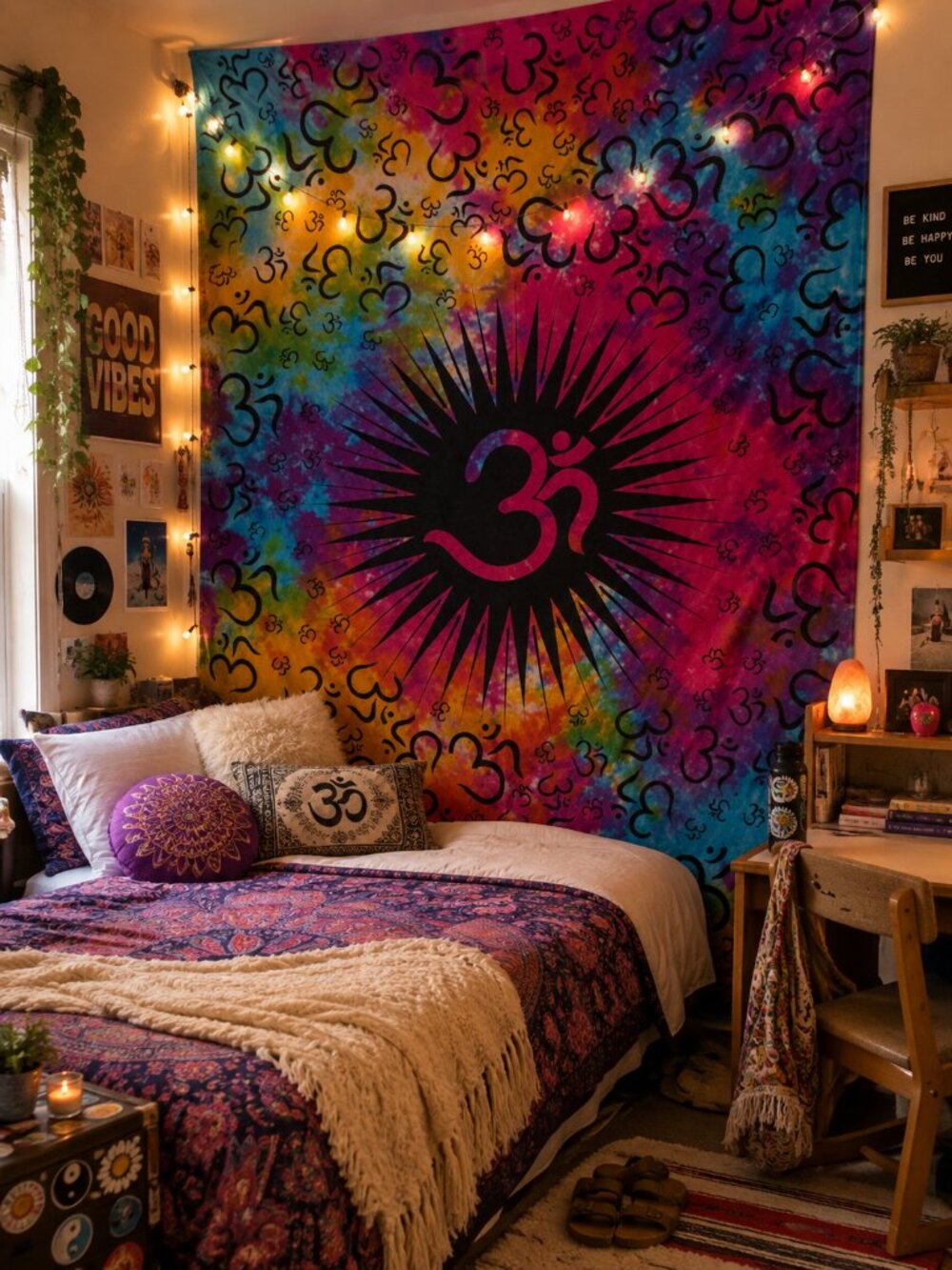 Psychedelic Tie Dye Om Symbol Yoga Buddhist Hippie Cotton Tapestry Tie Dye Wall